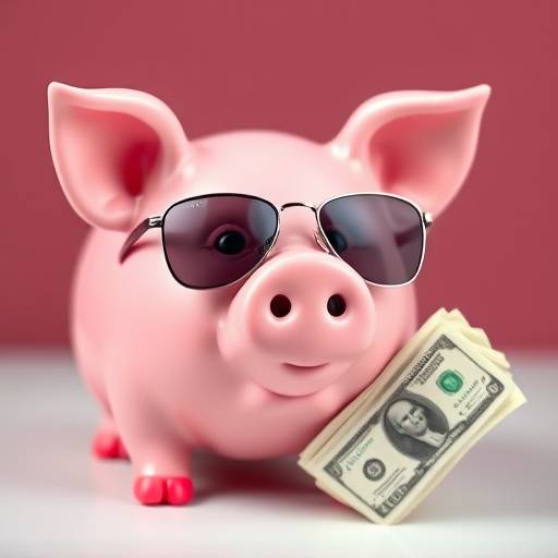 Ein rosa Sparschwein mit einer Sonnenbrille, das Geldscheine h&auml;lt.